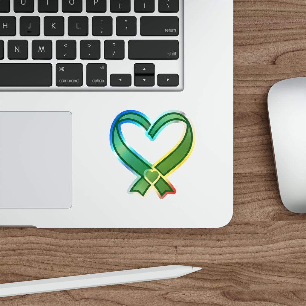 Green Ribbon Heart Holographic Sticker | Die-Cut Sticker