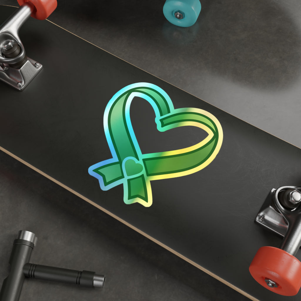 Green Ribbon Heart Holographic Sticker | Die-Cut Sticker