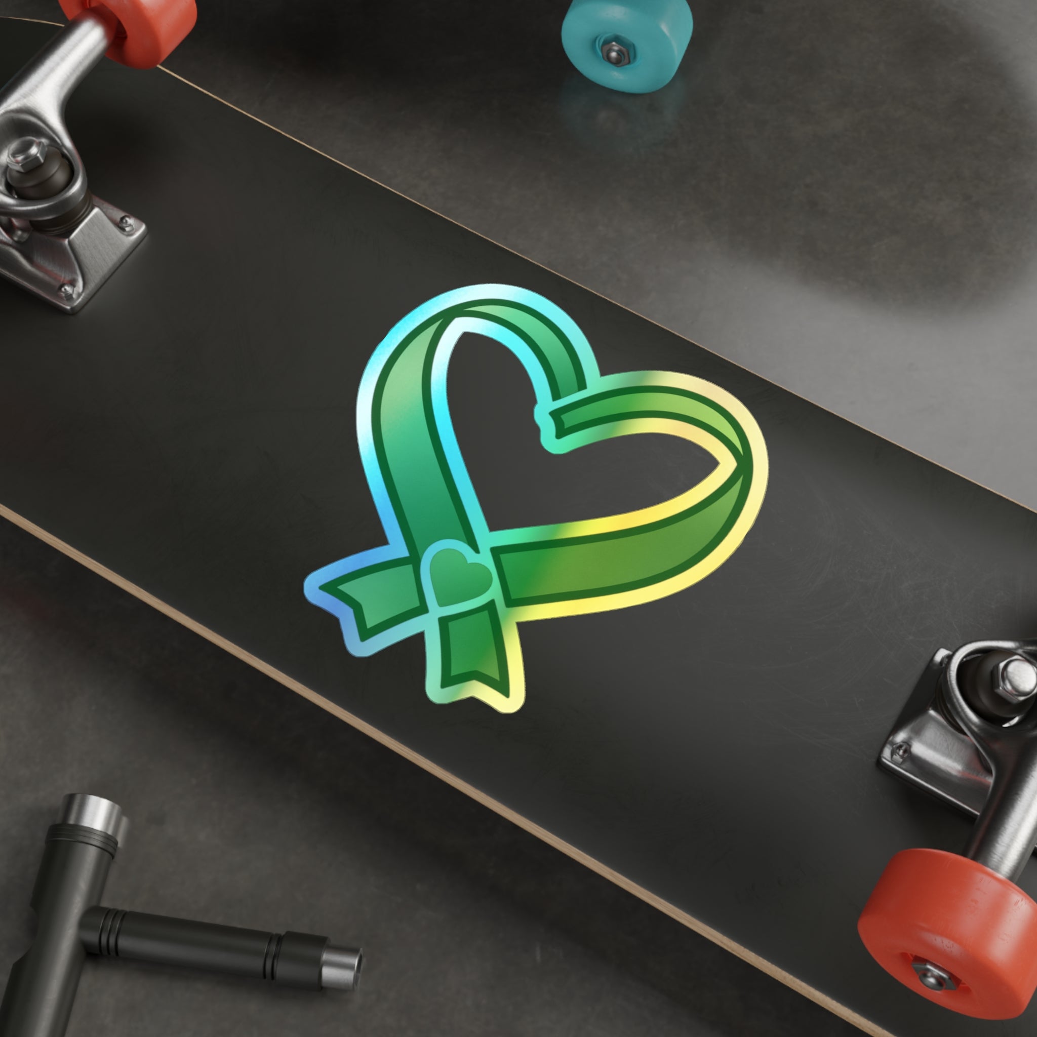 Green Ribbon Heart Holographic Sticker | Die-Cut Sticker
