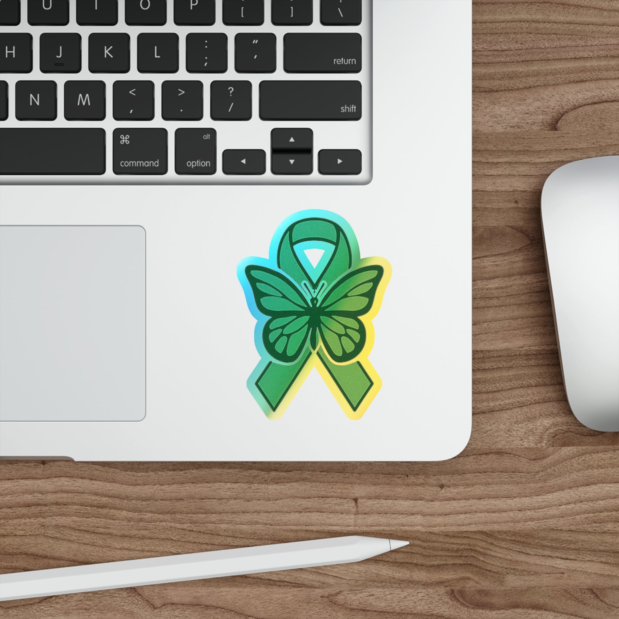 Green Awareness Ribbon Butterfly Sticker holographic die-cut