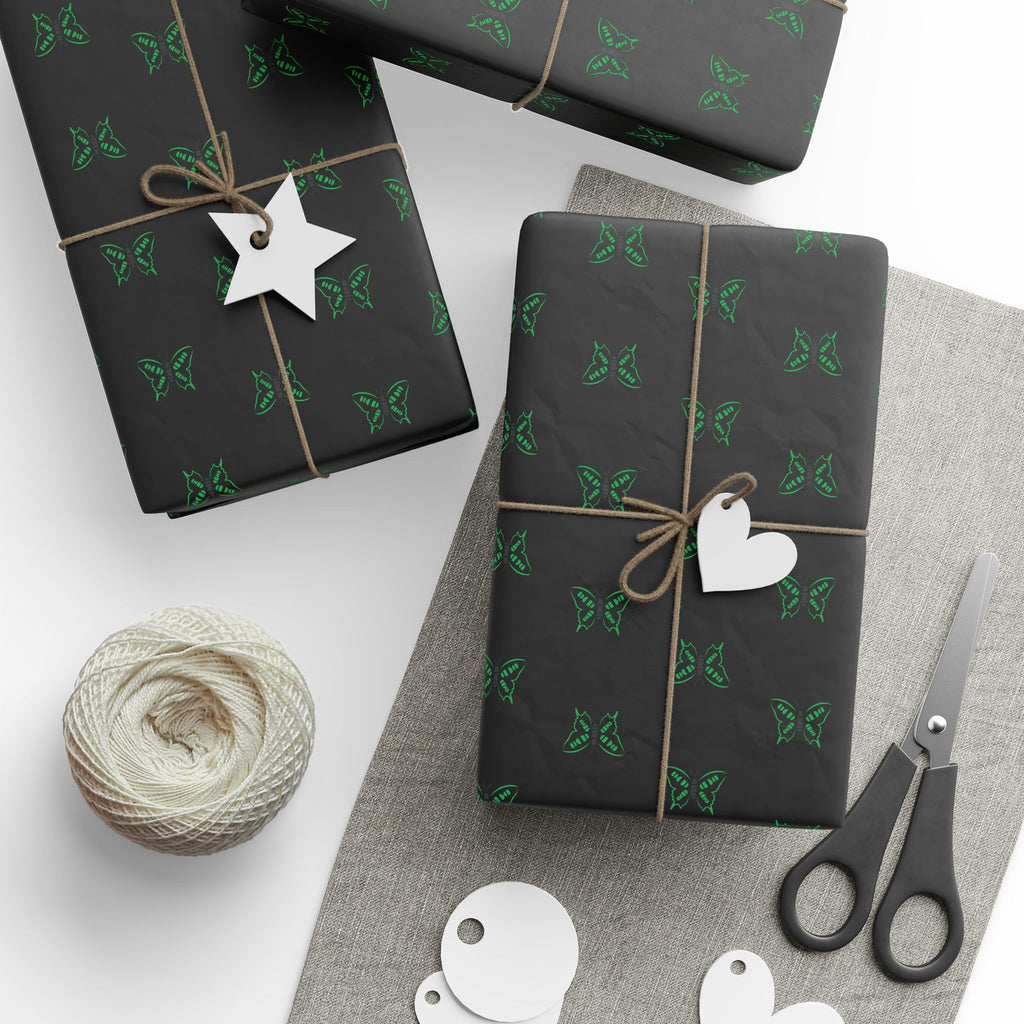 Green Neon Butterflies Wrapping Paper | Black Floral Gift Wrap Roll