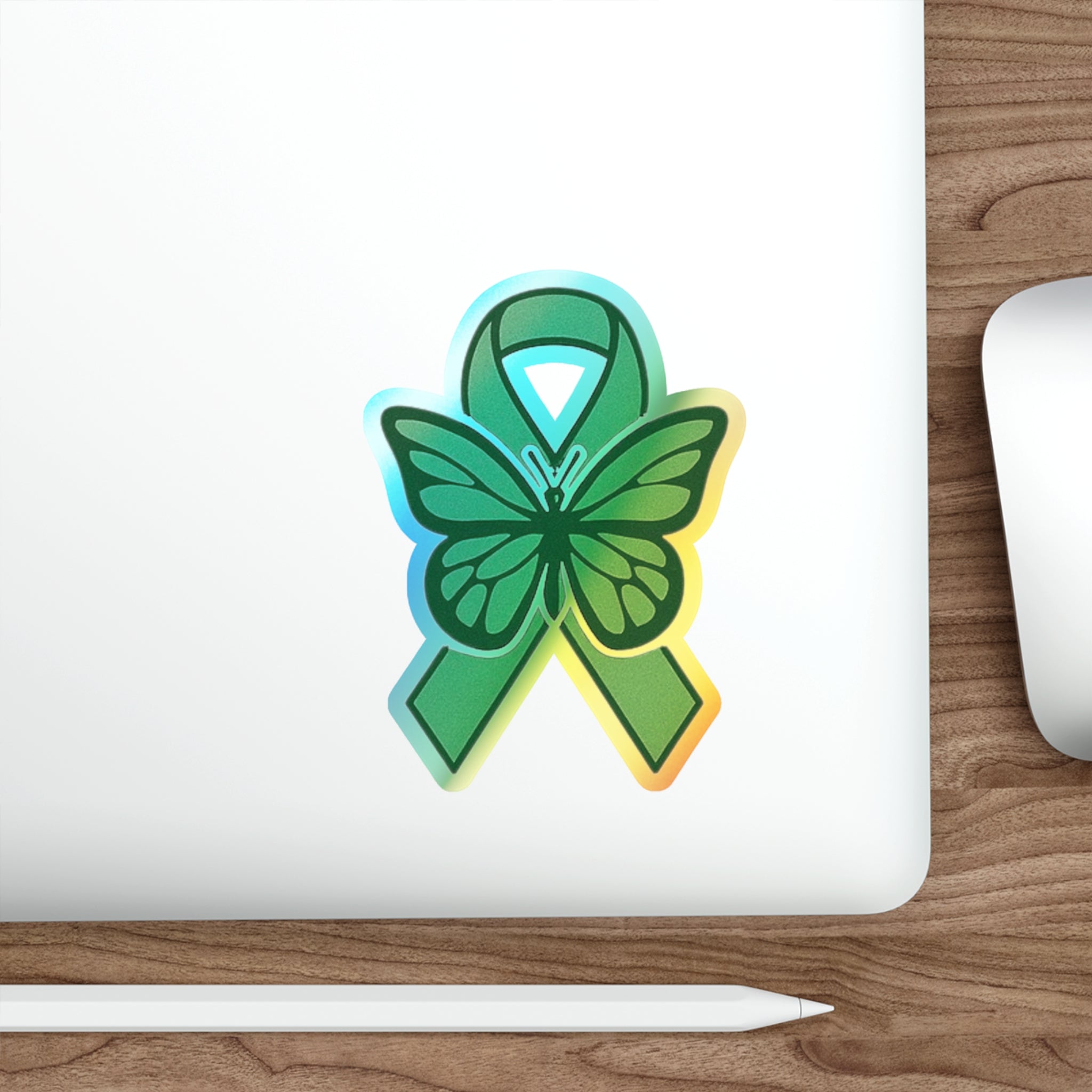 Green Awareness Ribbon Butterfly Sticker holographic die-cut