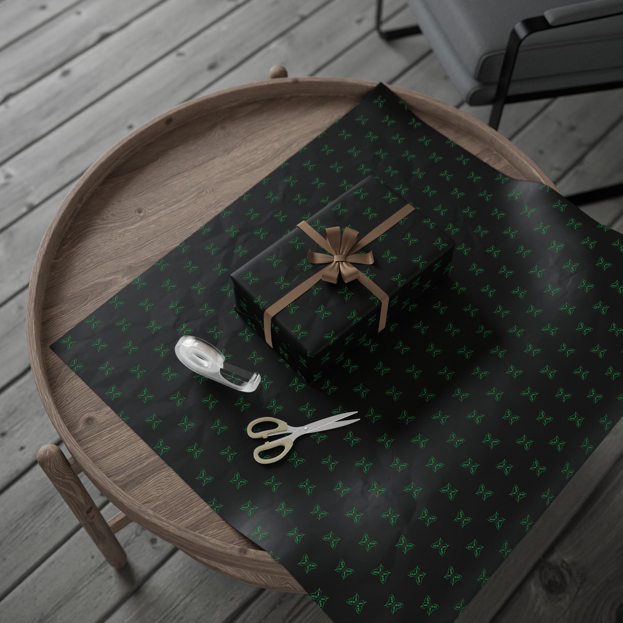 Green Neon Butterflies Wrapping Paper | Black Floral Gift Wrap Roll