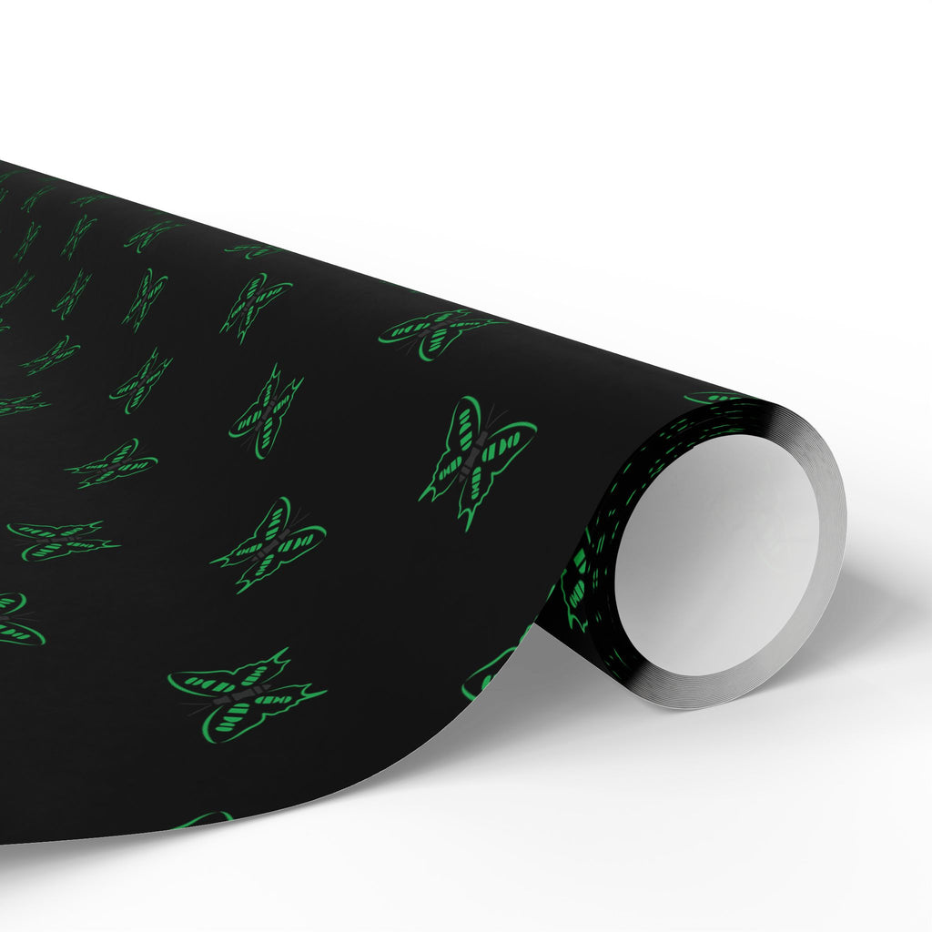 Green Neon Butterflies Wrapping Paper | Black Floral Gift Wrap Roll
