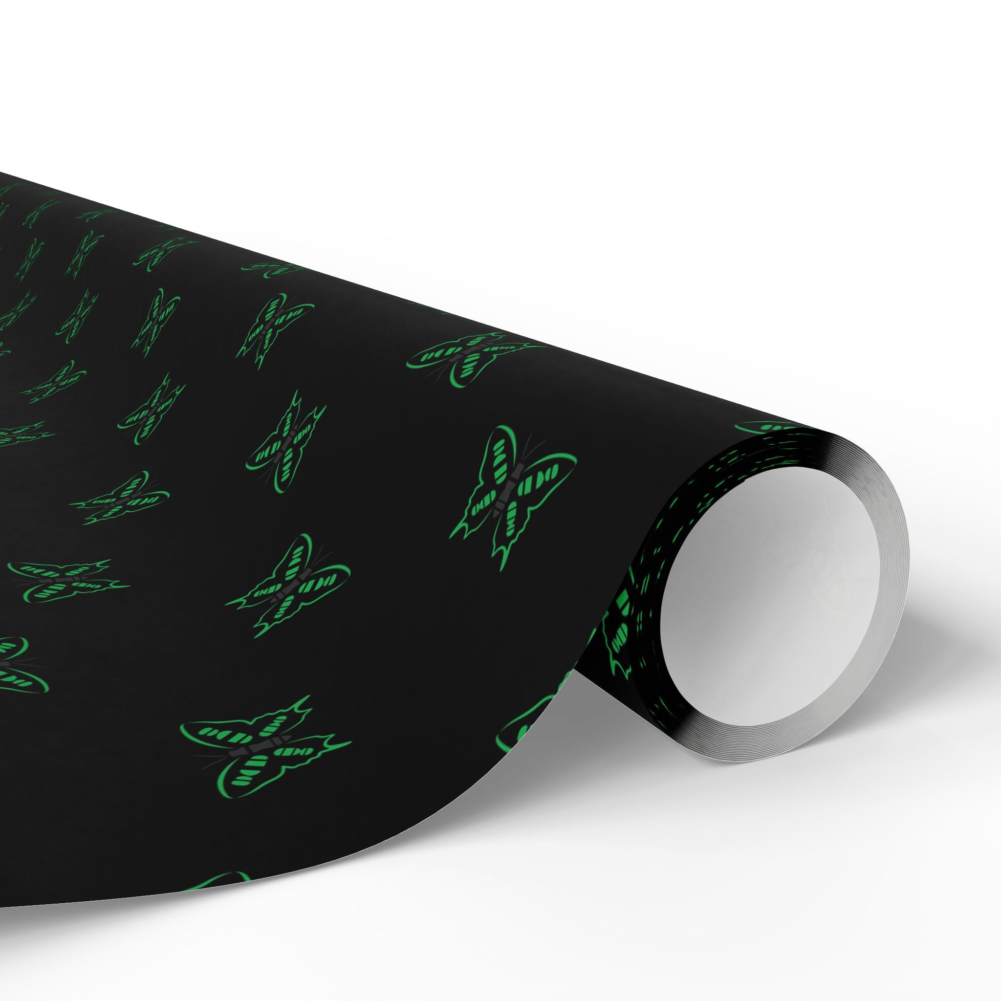 Green Neon Butterflies Wrapping Paper | Black Floral Gift Wrap Roll