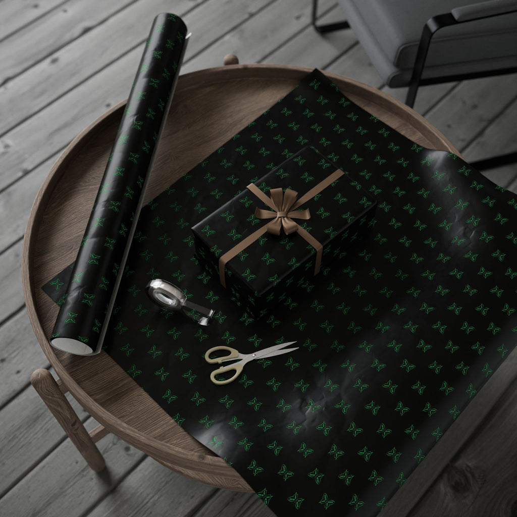 Green Neon Butterflies Wrapping Paper | Black Floral Gift Wrap Roll