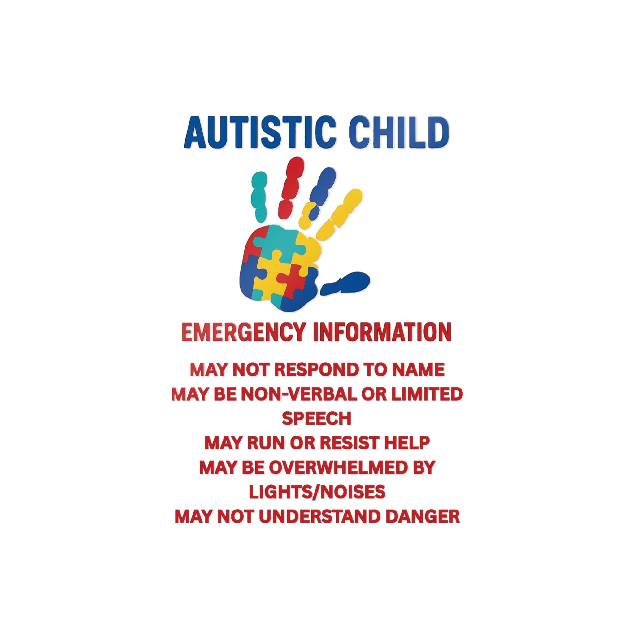 Autistic Child Emergency Information Sticker | Die-Cut