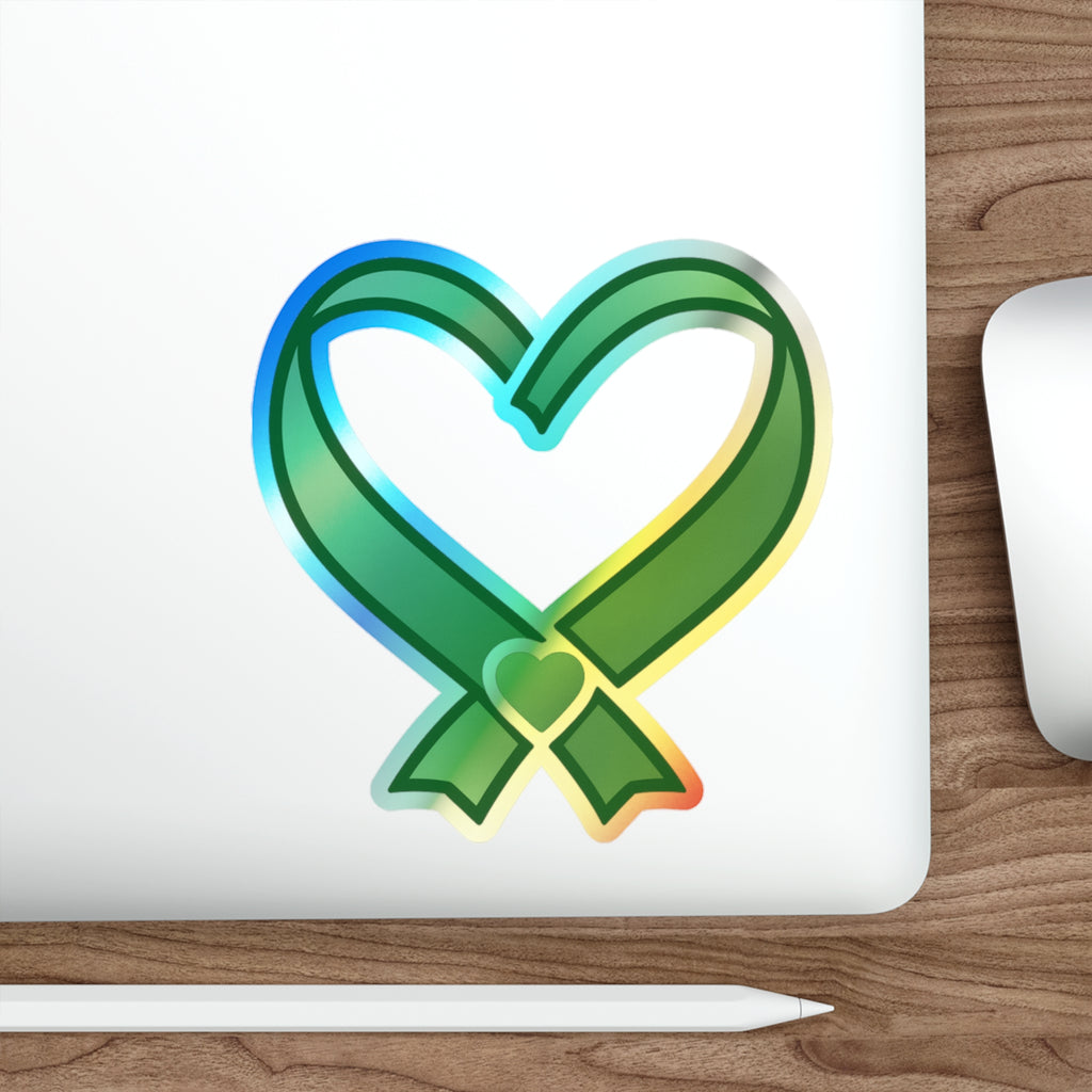 Green Ribbon Heart Holographic Sticker | Die-Cut Sticker