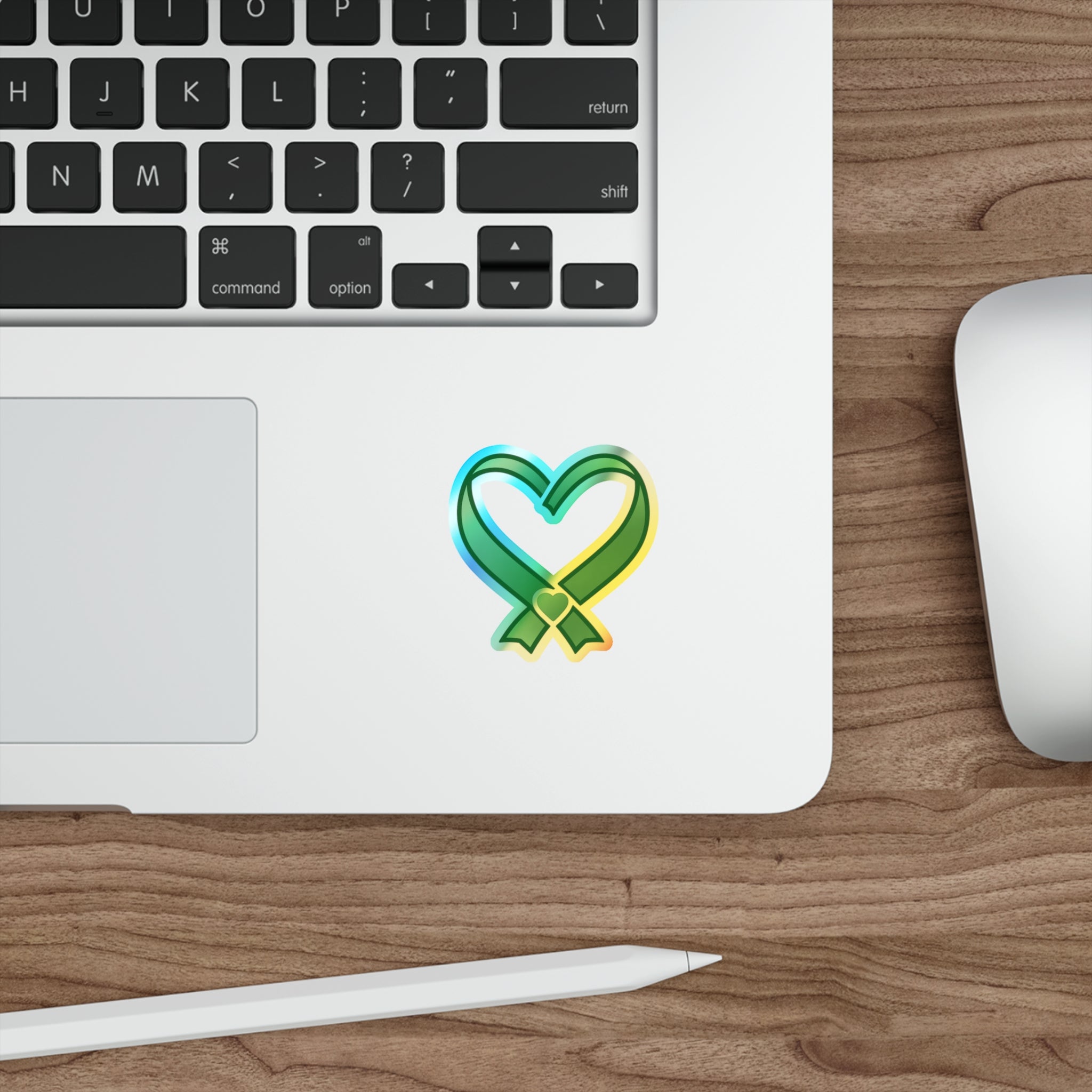 Green Ribbon Heart Holographic Sticker | Die-Cut Sticker
