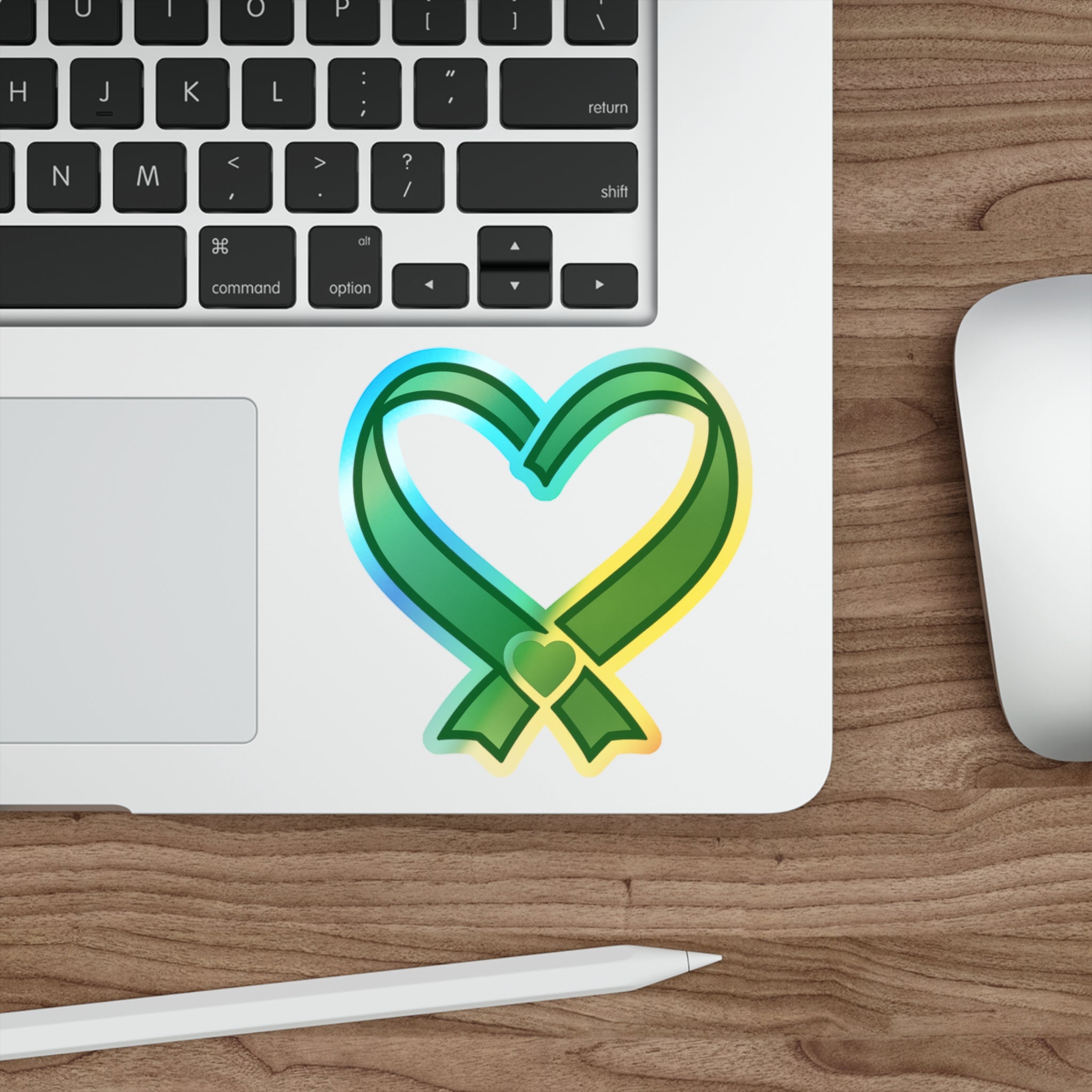 Green Ribbon Heart Holographic Sticker | Die-Cut Sticker