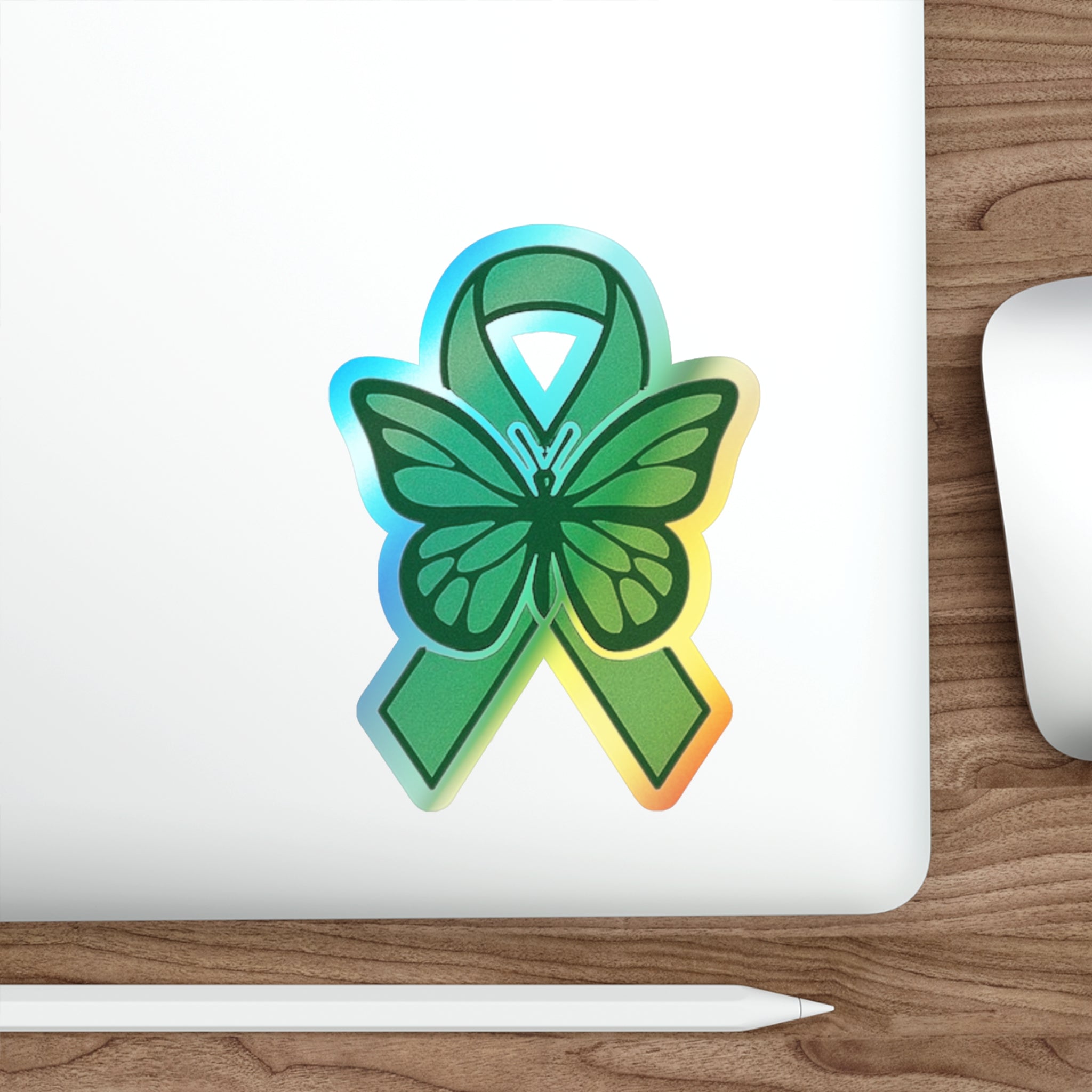 Green Awareness Ribbon Butterfly Sticker holographic die-cut