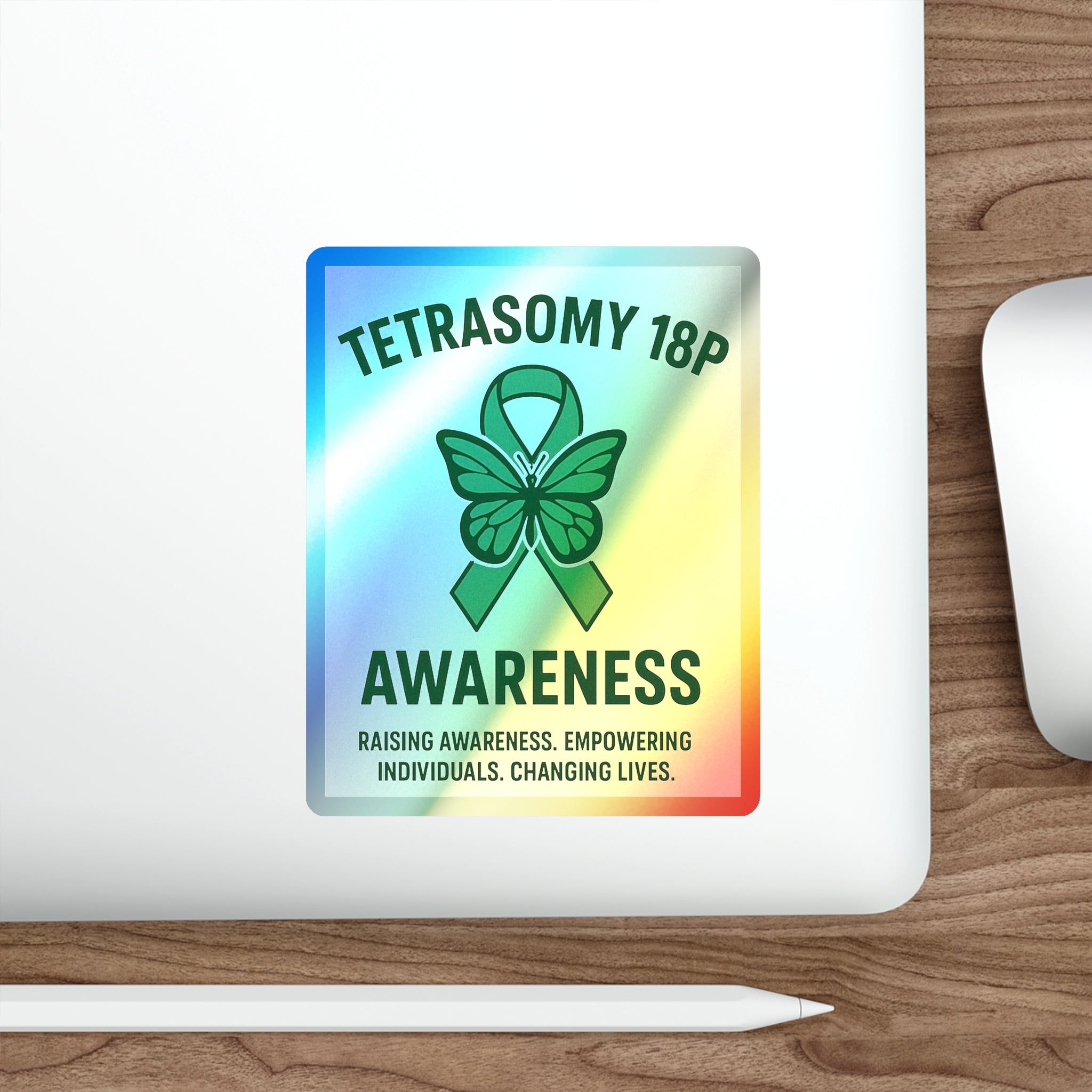 Tetrasomy 18p Awareness Holographic Die-cut Sticker | Green Ribbon Butterfly