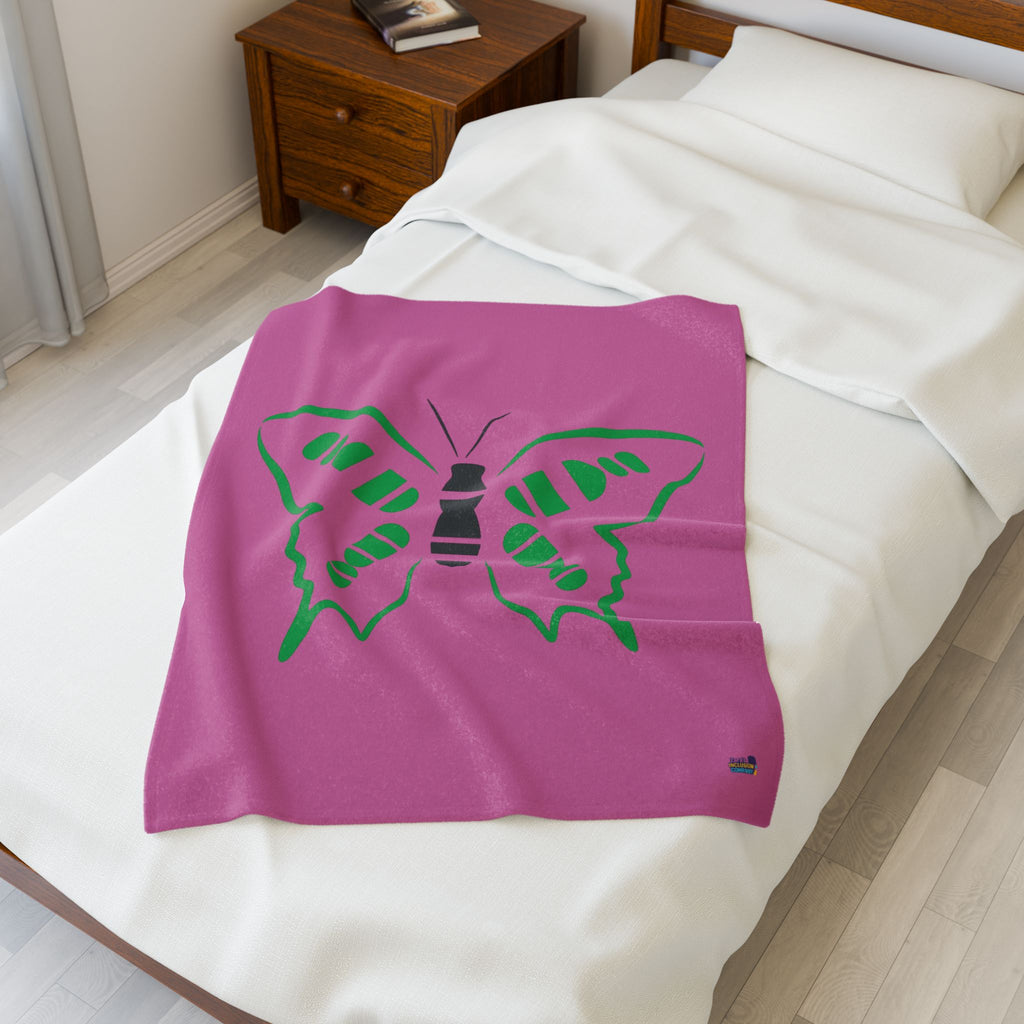 Green Butterfly, pink  Velveteen Plush Blanket | Simple Insect Silhouette