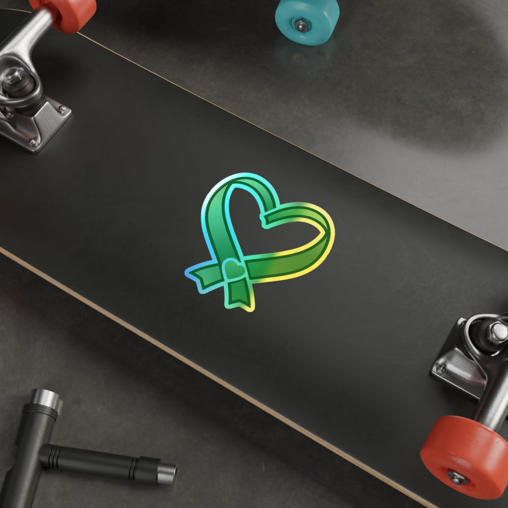 Green Ribbon Heart Holographic Sticker | Die-Cut Sticker