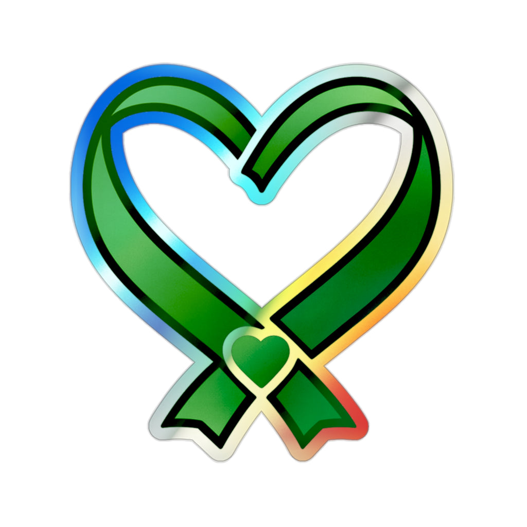 Green Ribbon Heart Holographic Sticker | Die-Cut Sticker