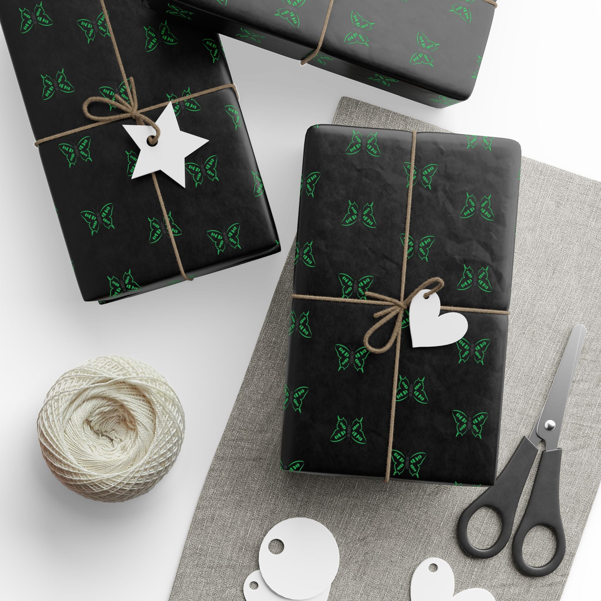 Green Neon Butterflies Wrapping Paper | Black Floral Gift Wrap Roll