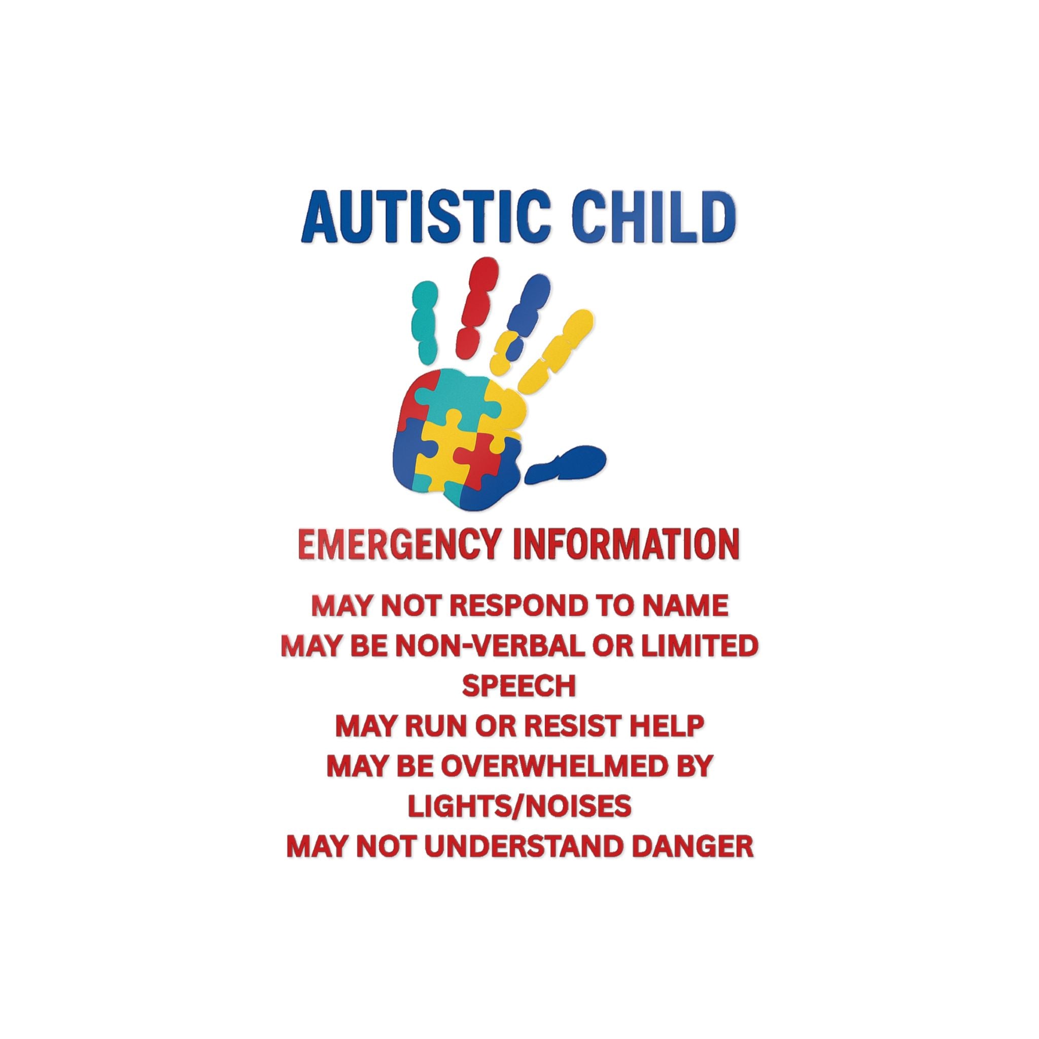 Autistic Child Emergency Information Sticker | Die-Cut