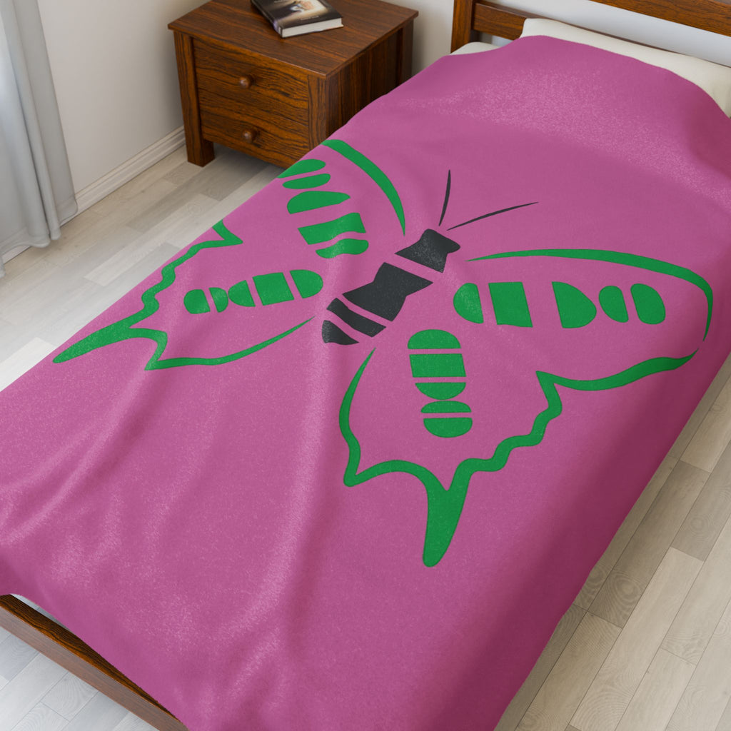 Green Butterfly, pink  Velveteen Plush Blanket | Simple Insect Silhouette