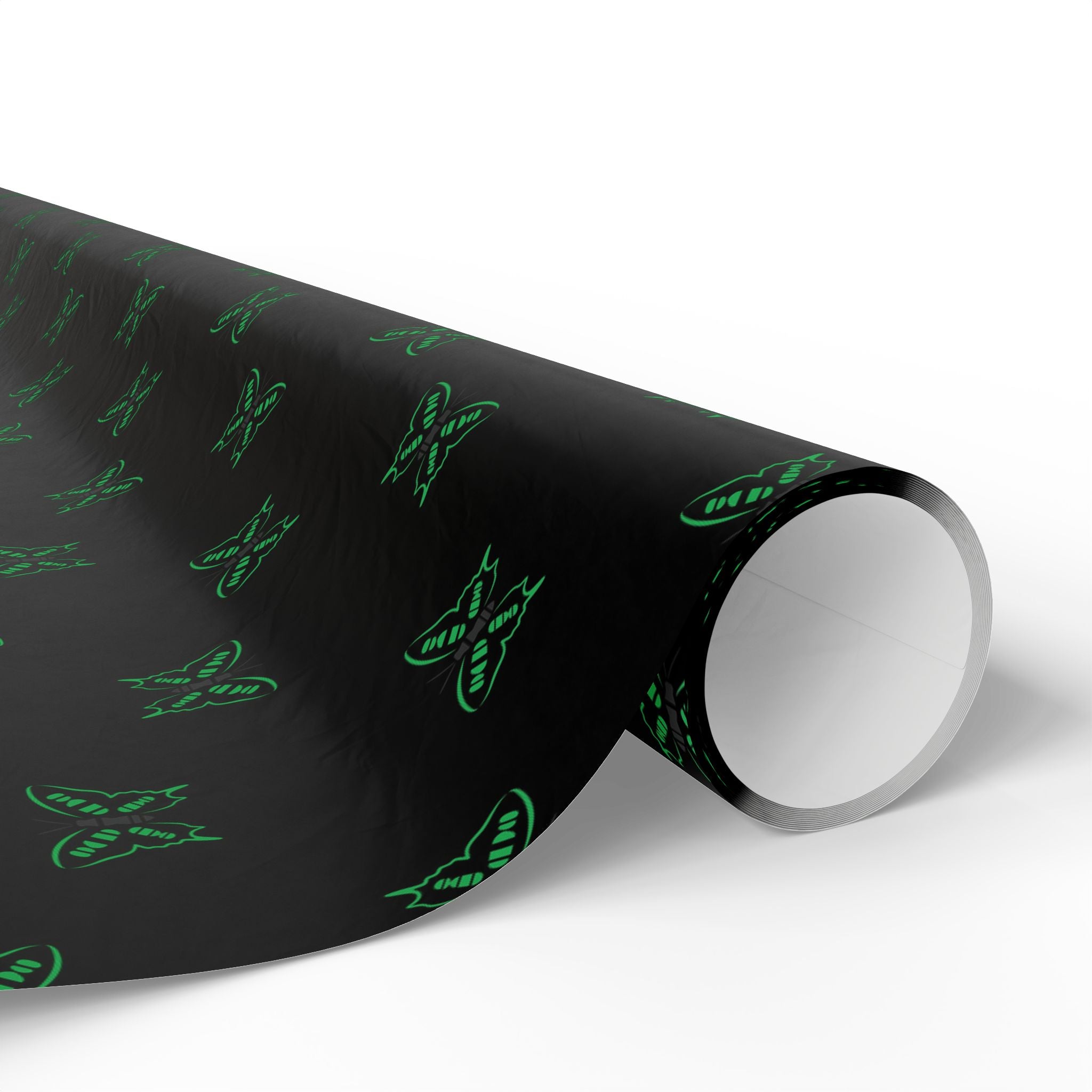 Green Neon Butterflies Wrapping Paper | Black Floral Gift Wrap Roll