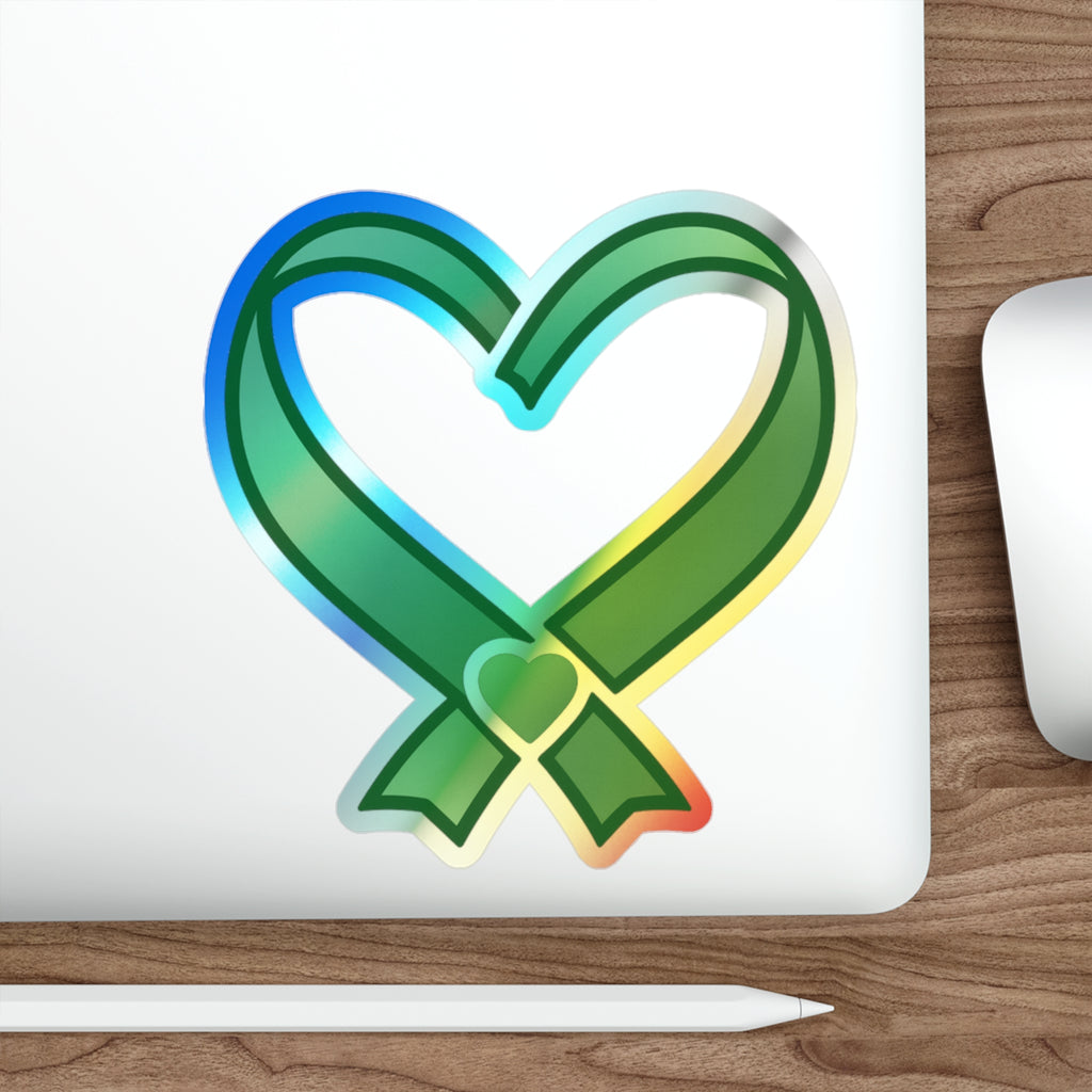 Green Ribbon Heart Holographic Sticker | Die-Cut Sticker