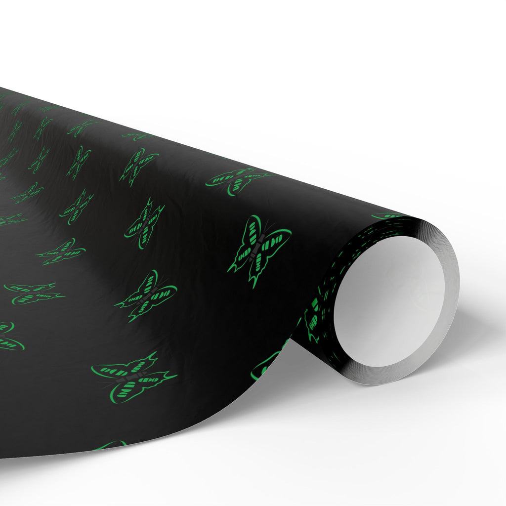Green Neon Butterflies Wrapping Paper | Black Floral Gift Wrap Roll