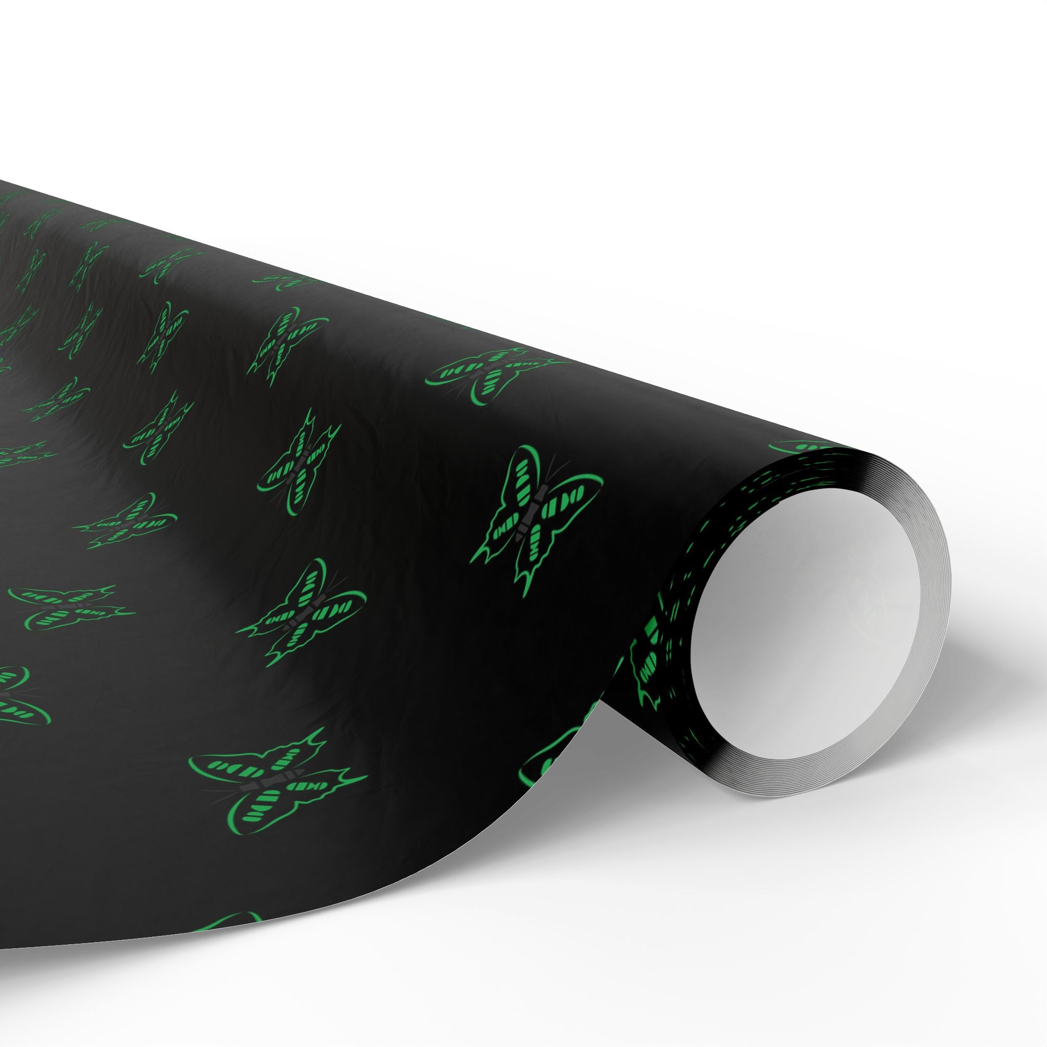 Green Neon Butterflies Wrapping Paper | Black Floral Gift Wrap Roll